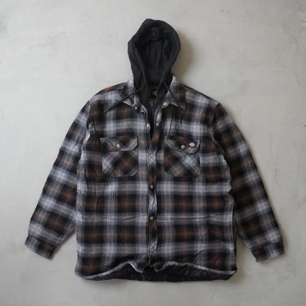 Dickies Hooded Flannel Shirt Jacket Large Mens Brown Plaid Quilted Workwear